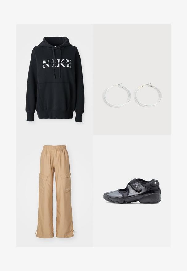 Schwarzer Nike-Hoodie mit einer vorderen Tasche, großem Logo über der Brust, Kordelzugkapuze und gerippten Bündchen und Saum. Weiches Baumwoll-Mischmaterial.; Nike Sportswear TREND - Cargohose - hemp; Schwarze Nike Air-Schuhe mit glänzender Oberfläche, verstellbaren Klettverschlüssen und Ausschnitt-Design an den Seiten, seitliche Ansicht auf einfarbigem Hintergrund.; Paar glänzende silberne Creolen mit dünnen Drahtverschlüssen, dargestellt vor einem hellgrauen Hintergrund.