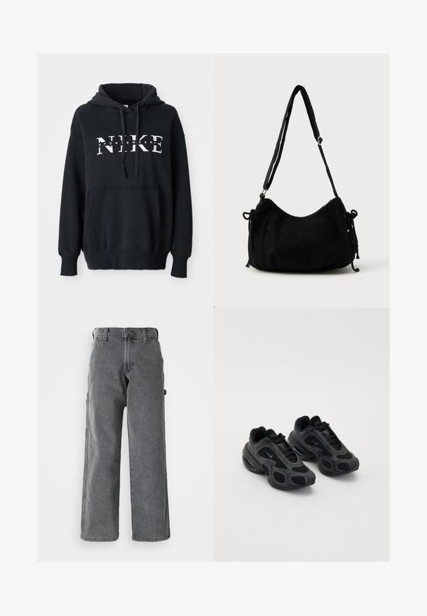 Sweat à capuche Nike noir avec une poche avant, grand logo sur la poitrine, cordon de serrage à la capuche et poignets et ourlet côtelés. Matériau en mélange de coton doux.; Pantalons cargo gris à larges jambes en denim, dotés de poches latérales, d'une fermeture à bouton et d'une coupe droite. Le tissu a une texture douce.; Baskets Nike noires avec des panneaux en maille et en daim, des découpes uniques et des colliers rembourrés. Des accents brillants sur les côtés mettent en valeur un design moderne.; Sac à épaule en velours côtelé noir avec une forme courbée, bandoulière réglable et fermetures à cordon des deux côtés pour un ajustement de taille.