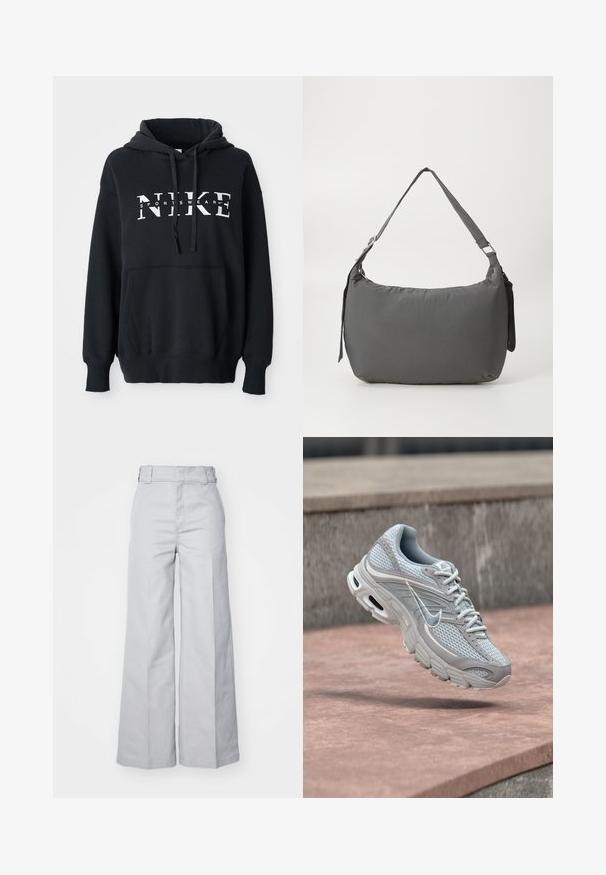 Schwarzer Nike-Hoodie mit einer vorderen Tasche, großem Logo über der Brust, Kordelzugkapuze und gerippten Bündchen und Saum. Weiches Baumwoll-Mischmaterial.; Helle graue weit geschnittene Hose aus Baumwollmischung, mit hoher Taille, strukturiertem Bund und sichtbaren Nähten.; Hellgrauer und weißer Nike-Laufschuh mit Mesh-Oberfläche und gepolsterter Sohle, schwebt in der Luft vor einem Hintergrund aus Betontreppen.; Grau gepolsterte Schultertasche mit einer geschwungenen Form, glatter Textur, verstellbarem Träger und einem dezent prägierten Logo auf der Vorderseite.