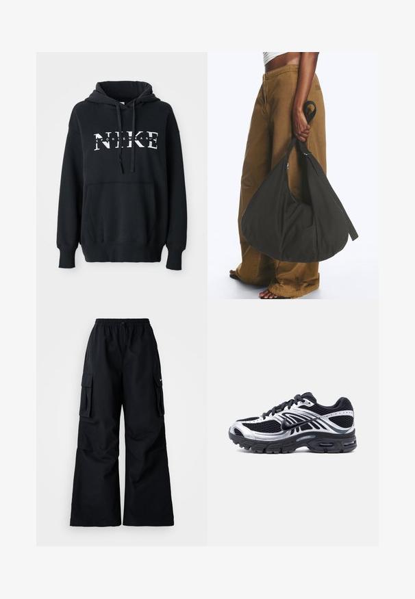 Sudadera negra de Nike con un bolsillo delantero, gran logo en el pecho, capucha con cordón y puños y dobladillo acanalados. Material suave de mezcla de algodón.; Pantalones cargo negros de pierna ancha, con cinturilla elástica, cordón ajustable y dos bolsillos laterales. Hechos de un tejido suave y ligero.; Zapatilla de running Nike negra y plateada con parte superior de malla, suela con cojín de aire y cordones, vista lateral sobre un fondo blanco.; Persona con pantalones marrones de pata ancha y top blanco sosteniendo un gran bolso negro blando por la correa a su lado.