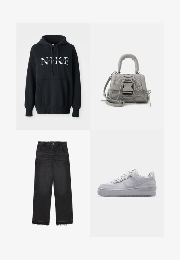 Sweat à capuche Nike noir avec une poche avant, grand logo sur la poitrine, cordon de serrage à la capuche et poignets et ourlet côtelés. Matériau en mélange de coton doux.; Pantalon en denim noir à coupe droite. Doté d'une taille haute, d'un ourlet effiloché et d'une texture légère délavée sur l'ensemble. Poches avant incluses.; Basket en cuir lisse gris Nike Air Force 1 avec un bout perforé, une semelle épaisse et un détail 'AIR' en relief sur le talon.; Sac à main gris texturé avec une poignée rembourrée, des accents en maille, une bandoulière ajustable et un fermoir à l'avant. Design compact avec une forme arrondie.