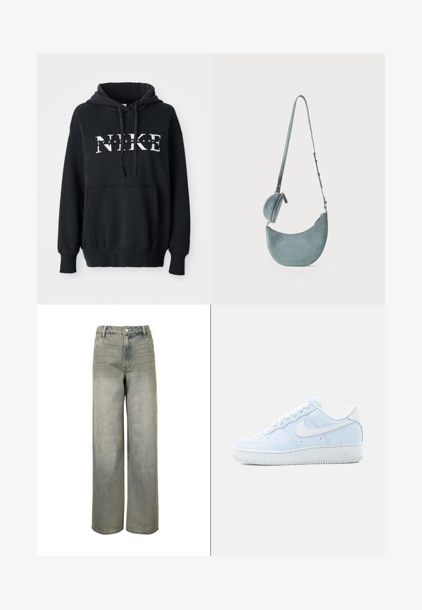 Sort Nike hoodie med en frontlomme, stort logo på brystet, snemmer hætte og ribbede manchetter og kant. Blødt bomuldsblandingsmateriale.; Vidde ben, lyseblå denimjeans med falmet tekstur, høj talje og fem-lomme-design. Har en metalknap og lynlås-lukning.; Hvid Nike Air Force 1 low-top sneaker med snørelukning og signaturswoosh-logo på siden mod en ensfarvet baggrund.; Lyseblå ruskind skuldertaske i halvmåneform med justerbar rem og lille rundt lynlåslomme fastgjort.