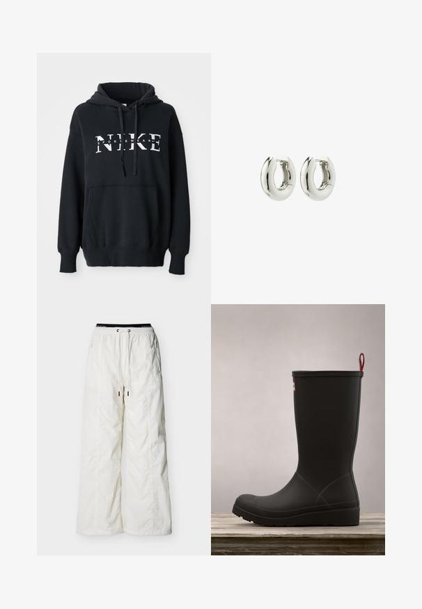 Musta Nike huppari, jossa on etutasku, suuri logo rinnassa, naruhuppu ja ribattu hihansuut sekä helma. Pehmeää puuvillasekoitemateriaalia.; Valkoiset leveälahkeiset housut, joissa joustava vyötärö, kiristysnauha ja vetoketjulliset sivutaskut, esillä yksinkertaisella taustalla.; Musta kuminen vedenpitävä saapas, jossa on pyöreä pää, teksturoitu pinta ja valkoinen ja punainen vetonauha. Logo sijoitettu yläsivulle. Litteä pohja.; Hope hopeiset hopeiset, joissa on sileä, pyöristetty muotoilu ja kiiltävä viimeistely. Ominaisuuksiin kuuluu yksinkertainen sarana sulku, joka takaa helpon käyttömukavuuden.