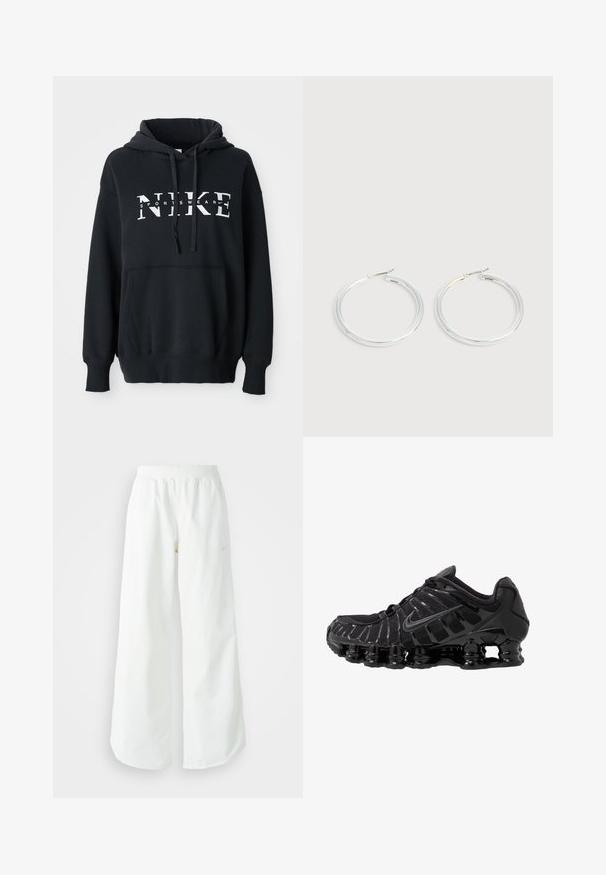 Sort Nike hoodie med en frontlomme, stort logo på brystet, snemmer hætte og ribbede manchetter og kant. Blødt bomuldsblandingsmateriale.; Hvide athletic bukser med vidde, ribbet talje og subtile logo detaljer. Glat stof med en afslappet pasform og tapered hals.; Sort atletisk sko med mesh-overdel og glatte overlays. Har buet spiralbøsningsdæmpning og strukturerede linjer på siden. Nike-logoet er synligt.; Par skinnende sølvøreringe med tynde trådlåse, vist på en lys grå baggrund.