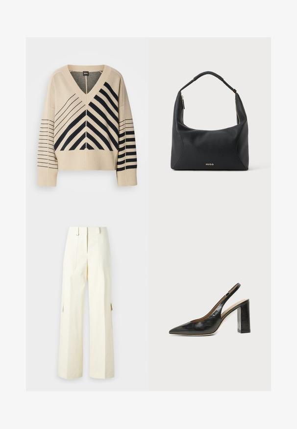 Suéter de punto beige con escote en V y rayas negras diagonales y horizontales, con mangas anchas y puños acanalados. Etiqueta de la marca: BOSS.; Pantalones cargo de pierna ancha en tela de color crema claro, con bolsillos tipo parche, cintura alta y aberturas laterales para añadir detalle y funcionalidad.; Zapato slingback de piel negra con puntera puntiaguda, tacón alto y ancho, y forro interior beige sobre un fondo claro y liso.; Bolso de hombro de cuero negro con asa trenzada, detalle de cremallera dorada y pequeño logo "HUGO" dorado en el centro frontal.