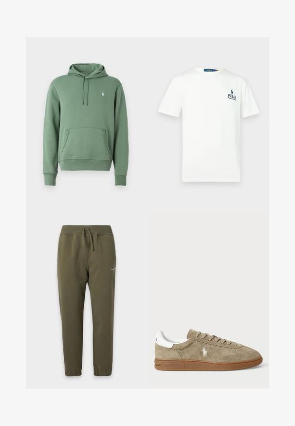 Grøn hættetrøje lavet af blødt stof, med en kengurulomme og snoretræk i hætten. Diskret logo på brystet. Klasisk pasform med ribbede manchetter.; Hvid bomulds t-shirt med rund hals, korte ærmer og et blåt "POLO Ralph Lauren" logo på venstre bryst.; Joggingbukser i olivengrøn med elastik i taljen og ved anklerne, snøre og lille hvidt logo på øvre lår.; Suedesneakers i tan med hvide detaljer, rund tå og snørebåndsdesign. Har præget logo og gummisål for bedre greb.