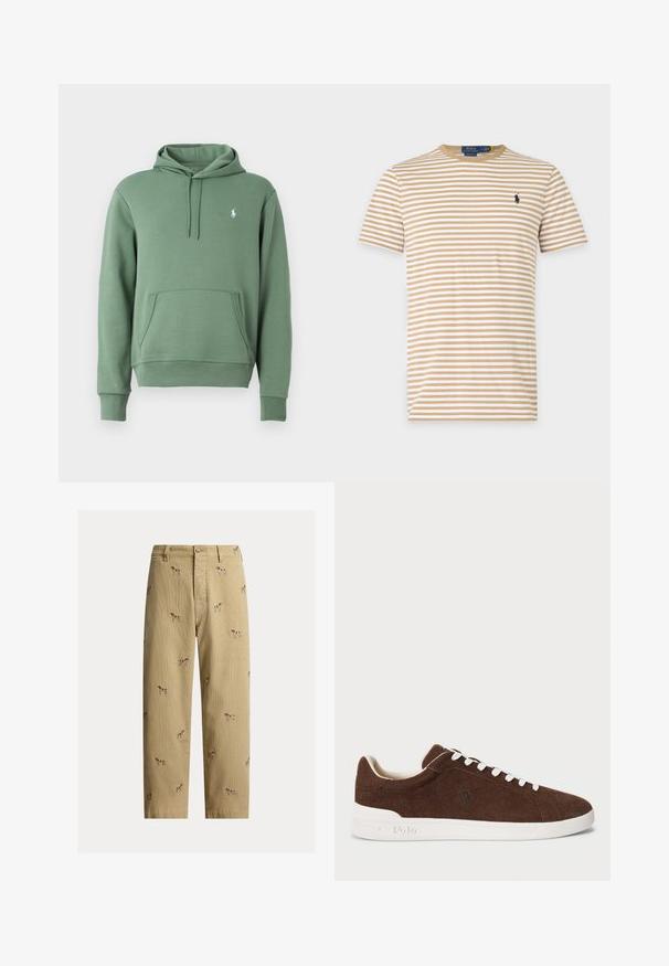 Sudadera verde hecha de tela suave, con un bolsillo canguro y capucha ajustable con cordón. Logo sutil en el pecho. Corte clásico con puños de canalé.; Camiseta de rayas beige y blanca de manga corta y cuello redondo con pequeño logo oscuro bordado en el pecho izquierdo.; Pantalones de pana beige con diseños bordados de perros, corte recto y estilo de cinco bolsillos con cierre de botón frontal.; Zapatilla baja de ante marrón con suela de goma blanca, cordones blancos y logo de Polo bordado en el costado.