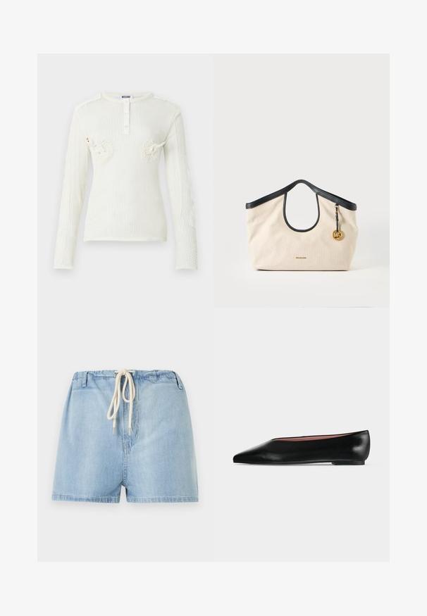 Haut blanc en maille à manches longues avec encolure ronde, patte de boutonnage et détails 3D de cygne sur la poitrine par Moschino.; Shorts en denim bleu clair avec une ceinture élastique et un cordon blanc à nouer, passants de ceinture à l'avant et un ourlet simple.; Chaussure plate en cuir noir pour femme, avec bout pointu et petit talon, vue de côté sur un fond gris clair uni.; Sac cabas en toile beige avec bordure et poignées noires, orné d'un médaillon rond doré avec le logo MK suspendu sur un côté.