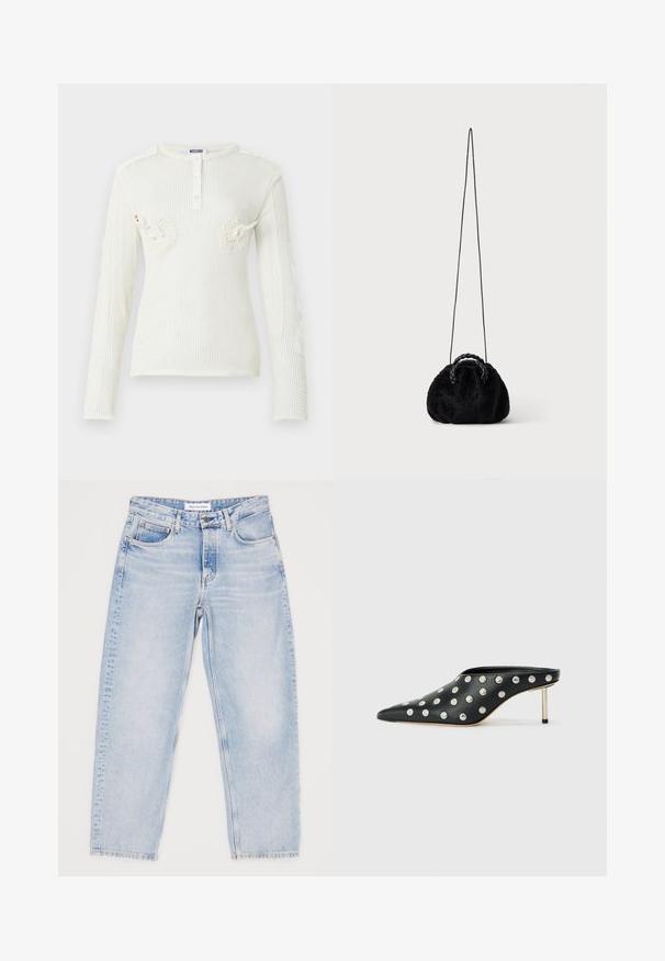 Haut blanc en maille à manches longues avec encolure ronde, patte de boutonnage et détails 3D de cygne sur la poitrine par Moschino.; Jean en denim bleu clair avec une coupe décontractée, cinq poches et un design à jambes droites. Texture délavée, bouton supérieur et fermeture éclair.; STAND STUDIO KELSEY - Mules à talons - black; Petit sac à main noir en fausse fourrure avec poignées tressées sur le dessus et longue bandoulière fine sur fond uni.