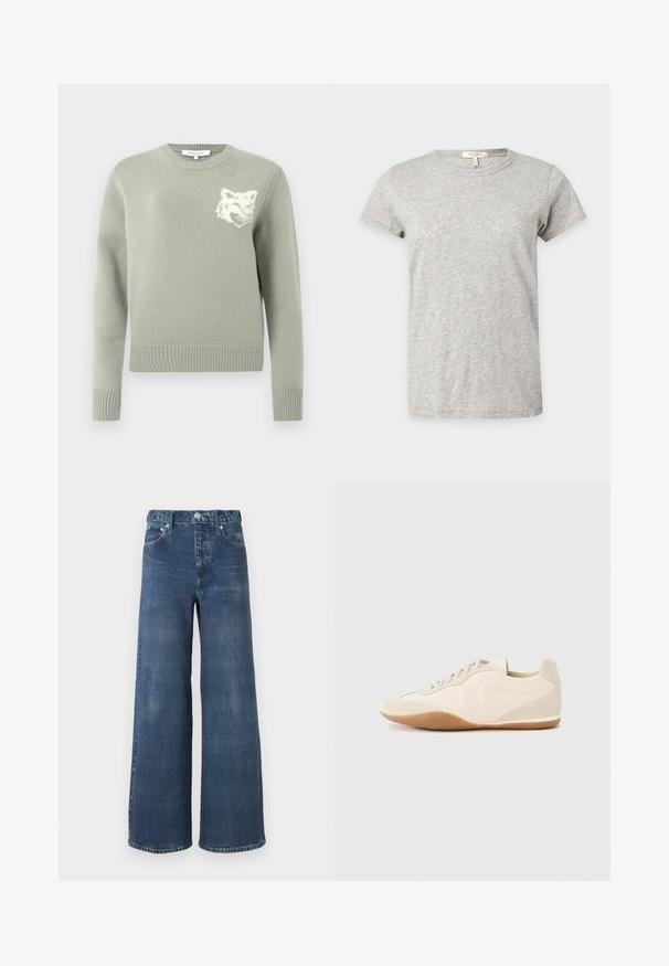 Pull en maille vert clair avec un col rond, des poignets et un ourlet côtelés, présentant un graphique de loup blanc sur la poitrine. Texture douce.; T-shirt gris clair à manches courtes et col rond avec un motif chiné subtil affiché sur un fond uni.; Jean denim à jambes larges de couleur bleu foncé avec une légère texture délavée, doté d'une fermeture par bouton et zip, passants pour ceinture et style classique à cinq poches.; Baskets beige clair avec une tige en cuir texturé, des panneaux latéraux texturés et une semelle en caoutchouc. Dotées d'un design fin et épuré ainsi que de lacets plats.