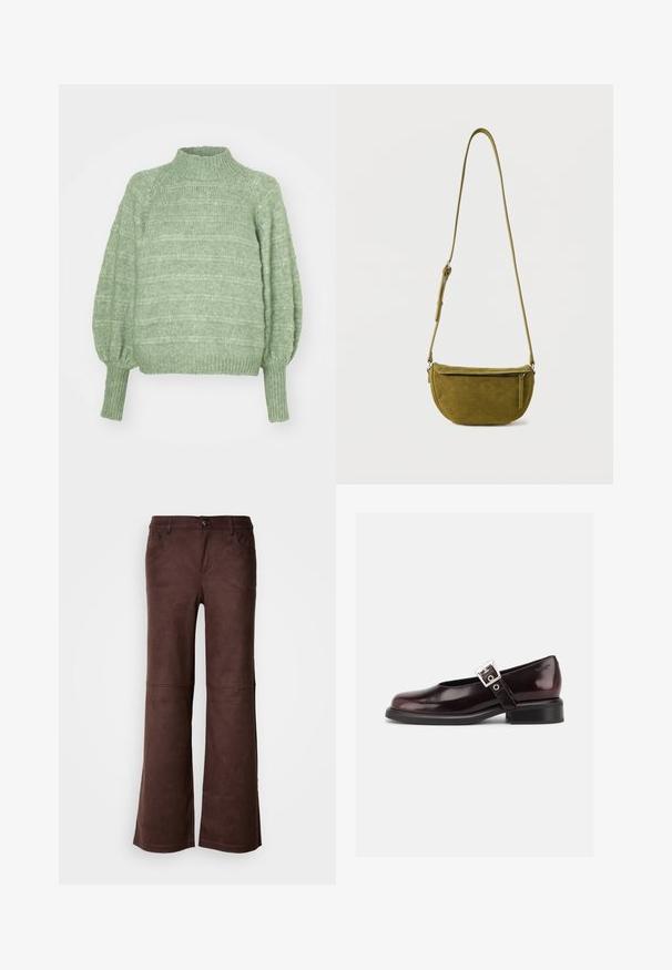 Suéter verde de punto con un alto cuello, mangas largas estilo globo y puños acanalados. Presenta un patrón texturizado de rayas horizontales.; Pantalones de campana marrones en un tejido suave y parecido al ante. Presentan cuatro bolsillos, un cierre de botón y una superficie lisa y texturizada.; Zapato único Mary Jane brillante de color burdeos oscuro con correa ancha y hebilla plateada, tacón bloque bajo y punta redondeada sobre fondo blanco.; Bolso bandolera de ante verde oliva con correa ajustable y bolsillo frontal con cremallera sobre fondo blanco liso.