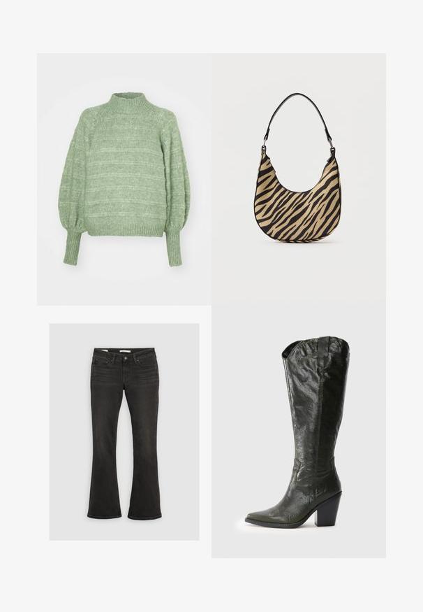 Pull en maille verte avec un col montant, de longues manches bouffantes et des poignets côtelés. Présente un motif texturé à rayures horizontales.; Jean noir coupe bootcut avec poches avant, passants pour ceinture et fermeture à boutons, présenté à plat sur un fond gris clair.; Botte western en cuir noir, haute jusqu'au genou, avec un bout pointu et un talon bloc, sur fond blanc.; Sac à épaule en imprimé zèbre beige et noir avec un fond en courbe et une seule poignée noire, photographié sur un fond blanc uni.