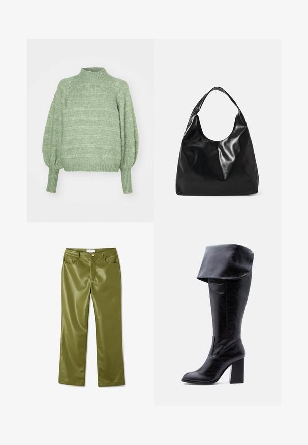 Suéter verde de punto con un alto cuello, mangas largas estilo globo y puños acanalados. Presenta un patrón texturizado de rayas horizontales.; Pantalones de cuero sintético de color verde oliva, de talle alto, con una textura suave, cuatro bolsillos y cierre de botón en la parte delantera. Diseño de pierna recta.; Bota alta negra de cuero con tacón, puño doblado y punta redonda, de pie sobre un fondo blanco.; Bolso hobo de cuero negro con una textura suave y brillante y un diseño de parte superior redondeada y abierta. Cuenta con una amplia correa curvada para llevar. Sin hardware visible.