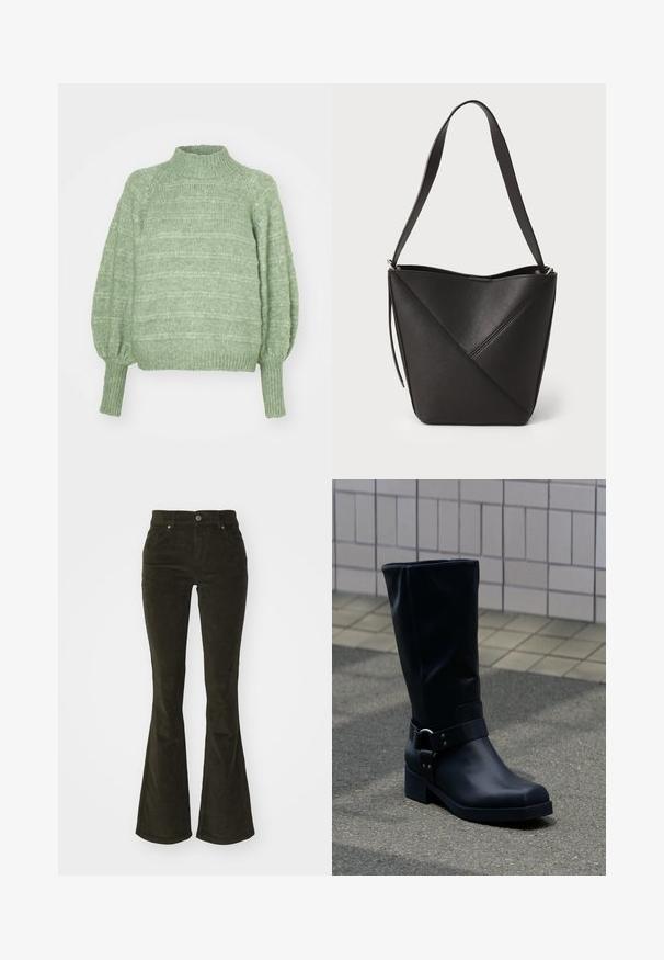 Pull en maille verte avec un col montant, de longues manches bouffantes et des poignets côtelés. Présente un motif texturé à rayures horizontales.; Pantalons en velours côtelé évasés de couleur vert foncé. Comprend des poches avant, une fermeture à bouton, et un tissu doux et texturé avec un motif en relief.; Botte en cuir noire mi-mollet avec un petit talon bloc et une bride décorative avec boucle métallique autour de la cheville, sur un trottoir carrelé.; Sac en cuir noir en forme de seau avec un design de couture diagonale, une bandoulière unique et un dessus ouvert, présentant une texture lisse.