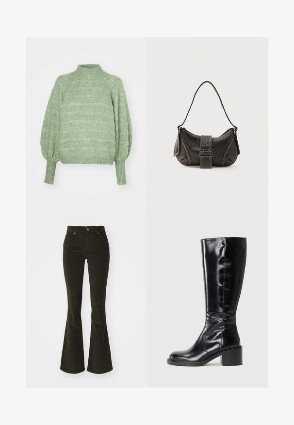 Pull en maille verte avec un col montant, de longues manches bouffantes et des poignets côtelés. Présente un motif texturé à rayures horizontales.; Pantalons en velours côtelé évasés de couleur vert foncé. Comprend des poches avant, une fermeture à bouton, et un tissu doux et texturé avec un motif en relief.; Bottes noires montantes en cuir brillant, à bout rond et talon bloc. Texture lisse avec des détails de couture visibles.; Sac à épaule en cuir noir avec une sangle à boucle, des bords arrondis et des coutures blanches contrastées sur un fond uni.