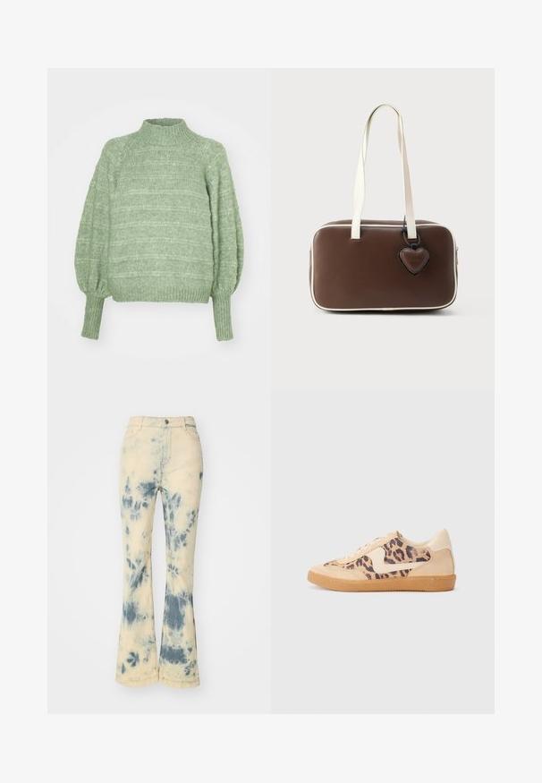 Pull en maille verte avec un col montant, de longues manches bouffantes et des poignets côtelés. Présente un motif texturé à rayures horizontales.; Jeans évasés de couleur crème clair, ornés d'un motif tie-dye bleu. Fabriqués en denim avec une surface légèrement texturée et un design standard à cinq poches.; Baskets en imprimé léopard avec tige en suède beige, semelle en caoutchouc tan et accents blancs. Bout rond et design à lacets avec une finition texturée.; Sac à main en similicuir marron avec bordure blanche, forme rectangulaire, poignées courtes et étiquette décorative en forme de cœur attachée.