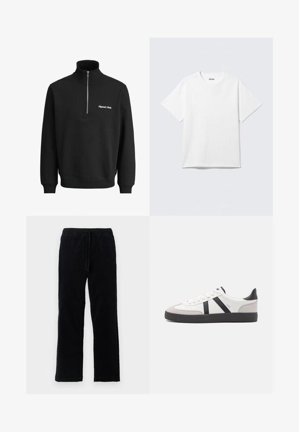 Zwarte pullover met lange mouwen, halve ritssluiting bij de kraag en kleine witte geborduurde tekst op de linkerborst.; Witte T-shirt met korte mouwen en ronde hals, plat gelegd, effen ontwerp, met een "WEEKDAY" label in de kraag op een lichte achtergrond.; Zwarte corduroybroek met een trekkoord in de taille, rechte pasvorm, zachte textuur en zonder zichtbare zakken of versieringen.; Witte sneaker met zwarte en grijze accenten, voorzien van een grijze neus met textuur, zwarte rubberen zool en platte witte veters. Schoon ontwerp, minimalistische stijl.