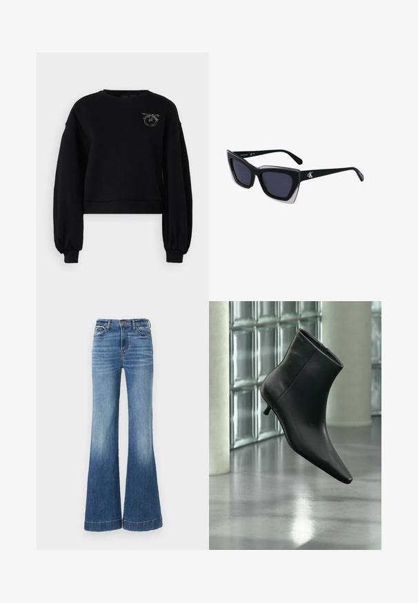 Schwarzer, verkürzter Sweatshirt mit langen, puffartigen Ärmeln. Mit einem strukturierten Logo-Akzent verziert, der mit metallischen Verzierungen auf der Brust geschmückt ist.; Blaue Denim-Jeans mit weitem Bein und hoher Taille, mit einer helleren Ausbleichung am Saum und gesticktem Detail am Saum. Klassisches Fünf-Taschen-Design.; Schwarzer Leder-Stiefelette mit spitzer Zehenpartie und niedrigem Kitten-Heel, schräg dargestellt vor einem polierten Boden und einer Glasbausteinwand.; Schwarze übergroße Sonnenbrille mit geometrischer Form, ausgestattet mit dunklen Gläsern und einem kontrastierenden grauen Detail im Rahmen. Logo am Bügel.