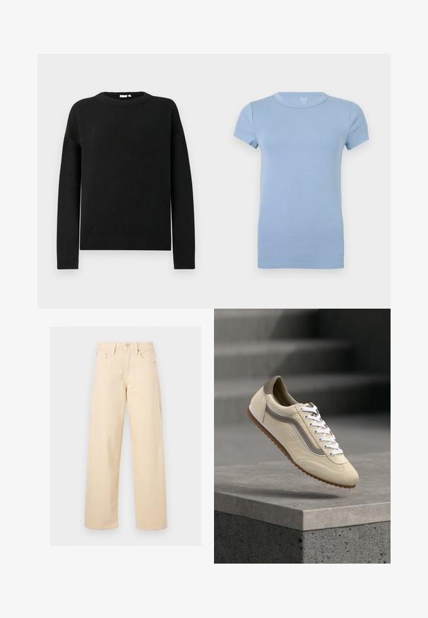 Suéter negro de manga larga tipo crewneck con puños y dobladillo acanalados, presentado sobre un fondo gris claro liso.; Camiseta de manga corta de cuello redondo en azul claro, diseño liso, mostrada extendida sobre un fondo blanco.; Pantalones beige de pierna recta con botón y cremallera delanteros, trabillas para cinturón y diseño de cinco bolsillos sobre un fondo liso y claro.; Zapatilla de ante beige con cordones blancos y suela marrón suspendida sobre un borde de concreto gris, con fondo de escaleras difuminadas.