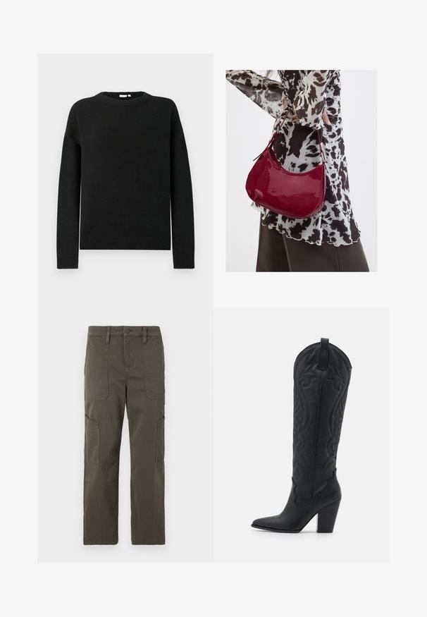 Suéter negro de manga larga tipo crewneck con puños y dobladillo acanalados, presentado sobre un fondo gris claro liso.; Good American CROPPED PANTS - Pantalones cargo - fatigue; Zign by Zalando LEATHER - Botas camperas - black; Mujer con blusa de estampado en blanco y negro sosteniendo un bolso de hombro rojo brillante sobre un fondo liso.