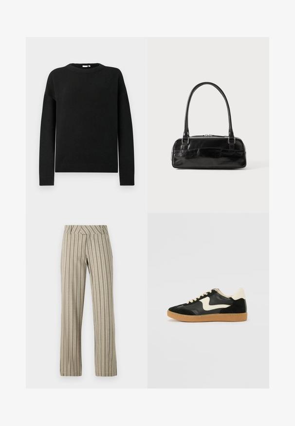 Sorte langærmede crewneck trøje med ribbede manchetter og kant, vist på en ensfarvet lys grå baggrund.; Beige stribede bukser med brede ben lavet af letvægtsstof, med høj talje og lige pasform samt sidelommer.; Sorte ruskinds- og lædersneakers med en cremefarvet side-swoosh og lys cremefarvet hæl. Har beige snørebånd og en gummirubber-sål.; Sort læderhåndtaske med rektangulær form, der har et enkelt struktureret håndtag, sølvhardware og lynlås-lukning. Glat tekstur.