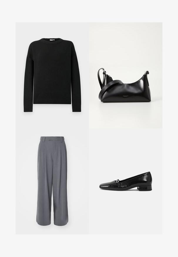 Suéter negro de manga larga tipo crewneck con puños y dobladillo acanalados, presentado sobre un fondo gris claro liso.; Pantalones wide-leg grises, confeccionados en tela suave, que presentan una cintura alta, pinzas y un diseño a medida, sin patrones ni acentos visibles.; Bailarinas de charol negro con punta afilada, tacón cuadrado bajo y un pequeño detalle de hebilla metálica en la correa. Textura suave.; Bolso de mano de cuero negro con una textura suave. Cuenta con una correa ajustable y un diseño elegante y minimalista con cierre de cremallera.
