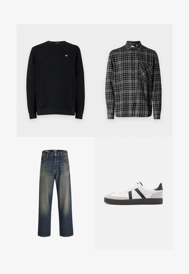 Must mustekas, ümar kael, pikad varrukad, pehmest kangast. Ees väike logo plaastriga. Puhta disainiga, ilma mustriteta.; Only & Sons Lumberjack ONSARCHER Lumberjack - Pluus - black; Tumed sinised laiad teksad, millel on gradient-efekt, nupuväärist, viie-tasku disain ja struktureeritud õmblused.; Valged tossud mustade ja hallide aktsentidega, tekstureeritud halli varbakattega, musta kummitald ja lamedad valged paelad. Puhtad jooned, minimalistlik stiil.