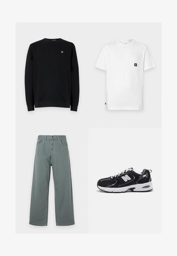 Sort sweatshirt, rund hals, lange ærmer, lavet af blødt stof. Har en lille logo-patch på brystet. Rent design, ingen mønstre.; Hvid bomulds T-shirt med rund halsudskæring, korte ærmer og en brystlomme med en sort logopatch. Glat tekstur, løs pasform.; Breddebenede bukser i afdæmpet grøn bomuld, med en klassisk talje, bæltesløjfer, forlommer og kontrasterende sømdetaljer.; Sorte og grå sportssko med mesh og ruskind på overdelen, der har en hvid mellemsål, snørebånd og et iøjnefaldende "N" logo på siden.