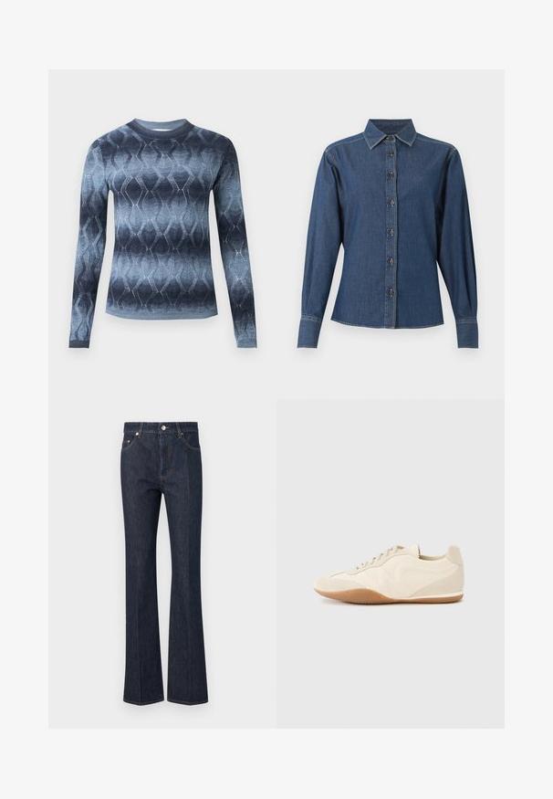 Pull en maille à manches longues avec un dégradé bleu et un motif géométrique en losange, avec un col rond et des poignets ajustés.; Chemise en denim bleu foncé à manches longues avec boutons sur le devant, col pointu et coutures blanches visibles le long des coutures et des poignets.; Jean en denim bleu foncé avec une taille haute, une coupe droite, une fermeture devant par boutons et des coutures visibles sur les poches et les coutures.; Baskets beige clair avec une tige en cuir texturé, des panneaux latéraux texturés et une semelle en caoutchouc. Dotées d'un design fin et épuré ainsi que de lacets plats.