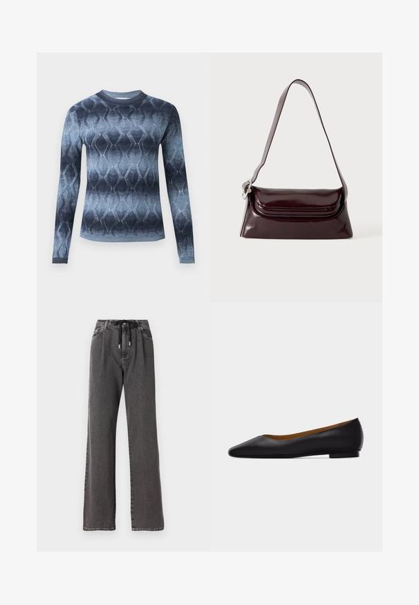 Pull en maille à manches longues avec un dégradé bleu et un motif géométrique en losange, avec un col rond et des poignets ajustés.; Pantalon large en denim gris avec taille à cordon et poches avant, confectionné en tissu en coton doux et résistant.; Chaussure plate en cuir noir à bout pointu avec talon bas et finition lisse, vue de côté sur un fond gris clair.; Sac à bandoulière en cuir bordeaux foncé avec fermeture à rabat et une fine sangle réglable, présenté sur un fond clair uni.