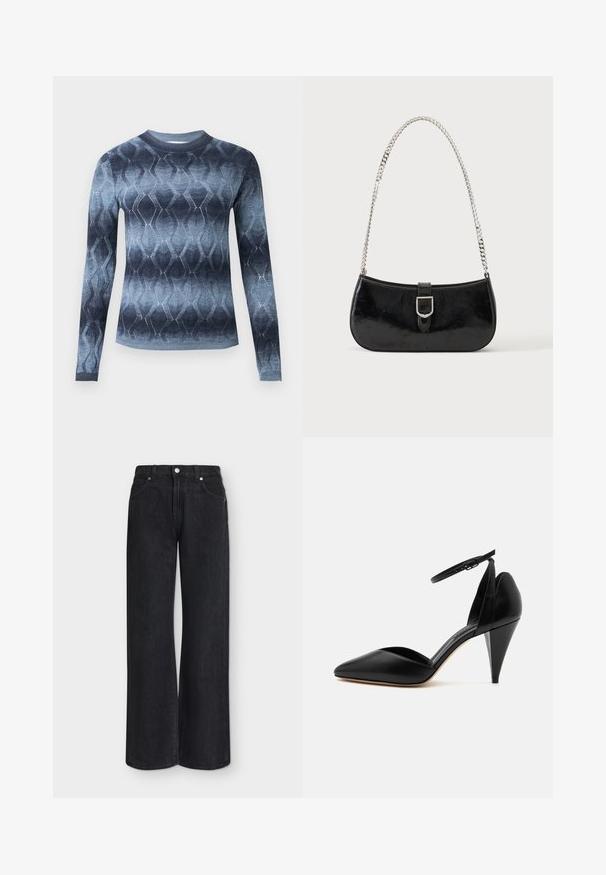 Pull en maille à manches longues avec un dégradé bleu et un motif géométrique en losange, avec un col rond et des poignets ajustés.; Jean noir à jambes larges et taille haute, passants de ceinture, bouton devant, braguette zippée et style cinq poches, présenté sur un fond uni.; Escarpin en cuir noir à bout pointu avec bride à la cheville et talon conique sur fond blanc.; Sac à épaule en cuir verni noir avec détail de boucle argentée et bandoulière en chaîne argentée, présenté sur un fond uni clair.