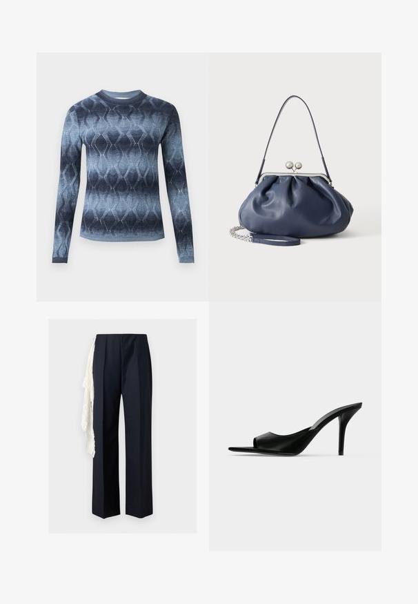 Pull en maille à manches longues avec un dégradé bleu et un motif géométrique en losange, avec un col rond et des poignets ajustés.; Pantalon noir à jambe droite avec une taille haute, avec un foulard en dentelle blanche suspendu sur le côté gauche.; Mule à talon haut en cuir noir à bout ouvert avec un talon stiletto fin, vue de profil sur un fond uni.; Sac à main en cuir bleu marine doux avec fermeture à boucle argentée, une seule bandoulière, et une chaîne de poignet amovible sur fond blanc.