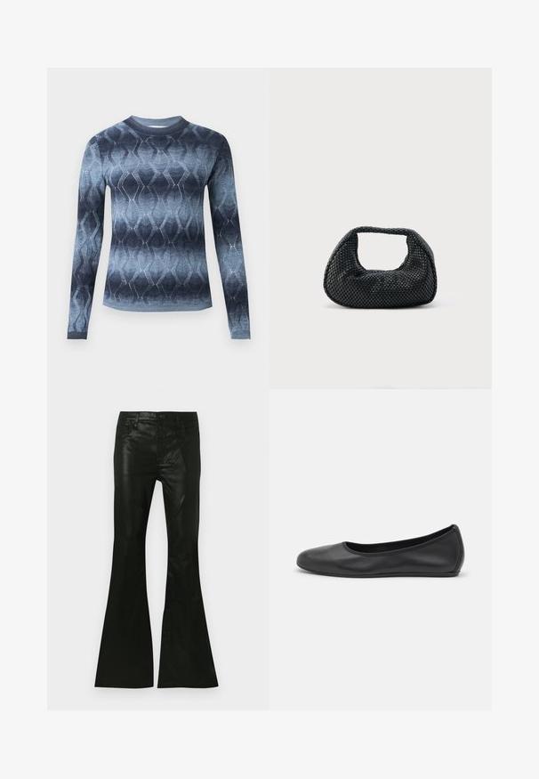 Pull en maille à manches longues avec un dégradé bleu et un motif géométrique en losange, avec un col rond et des poignets ajustés.; Pantalon évasé noir en matériau brillant, doté d'une taille ajustée, d'un design à cinq poches et d'une fermeture à bouton à l'avant.; Ballerines en cuir noir avec un bout rond, texture lisse, détails de couture minimalistes et design de semelle flexible.; Sac hobo tissé noir avec une structure souple et une poignée intégrée, présenté sur un fond clair uni.