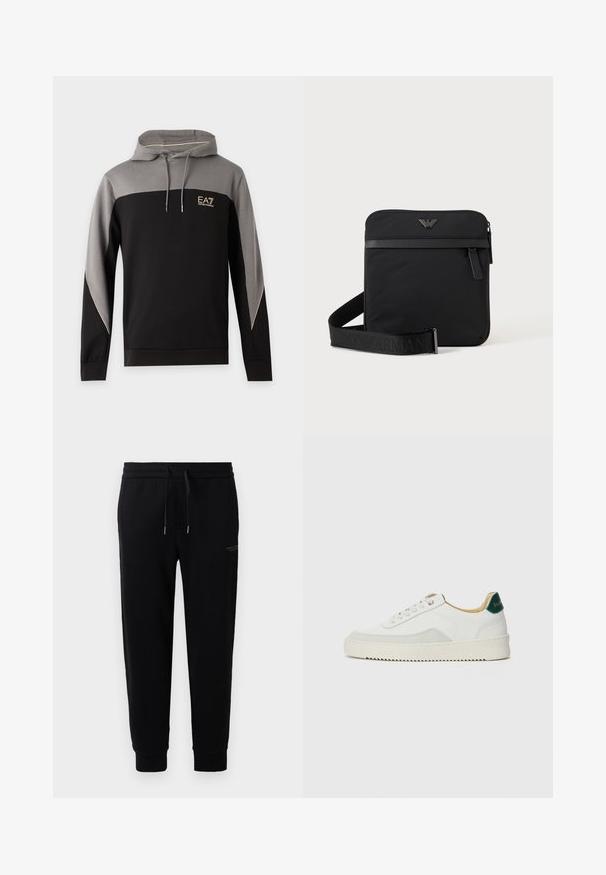 Φούτερ με κουκούλα σε μαύρα και γκρι χρώματα, με μακριά μανίκια, κορδόνια και λογότυπο EA7 Emporio Armani στο στήθος.; Μαύρες φόρμες τζόγκινγκ από βαμβακερό μείγμα, με ελαστική μέση και κορδόνι, μανσέτες στα αστραγάλια και διακρι print λογοτύπου στο πλάι.; Λευκά sneakers με σουέτ λεπτομέρειες, στρογγυλή μύτη, επίπεδα κορδόνια και κρέμα από καουτσούκ σόλα. Διαθέτει πράσινη επωνυμία στη φτέρνα.; Μαύρη τετράγωνη τσάντα ώμου με φερμουάρ, μπροστινή τσέπη και ρυθμιζόμενο ιμάντα με ανάγλυφο όνομα μάρκας.