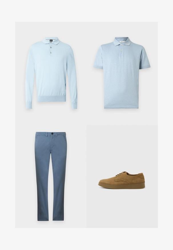 Lyseblå pullover med lange ærmer, en flad krave og en lukning med tre knapper. Fremstillet af blødt materiale med en tætsiddende pasform og ribbet kant.; Lyseblå kortærmet polo med to-knaps lukning og krave, vist mod en ensartet hvid baggrund.; Lyseblå bukser med lige ben, knaplukning, flad front og sidelommer; lavet af blødt, let vævet stof.; Brun ruskindslærredsko med snørebånd og flad gummisål, set fra siden på en ensfarvet lys baggrund.