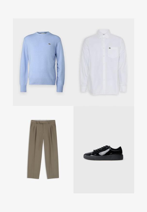 Lyseblå strikket sweater med ribbestrikket kant og manchetter, prydet med et lille grønt krokodillelogo på brystet. Klassisk crew neck design.; Hvid langærmet skjorte med knapper i bomuld, med krave, forlommes og et lille grønt logo på brystlommen.; Khaki plisserede bukser med sidelommer, bæltestropper og lige ben, vist fladt på en hvid baggrund.; Sorte laklæder sneakers med en glat overflade, tyk sort gummisål, rund tå og sorte snørebånd; minimalistisk design uden mønstre.