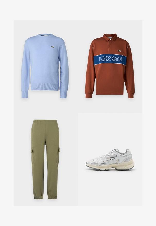 Lichtblauwe gebreide sweater met een ribgebreide zoom en manchetten, met een klein groen krokodillenlogo op de borst. Klassiek ontwerp met ronde hals.; Poloshirt met lange mouwen in roestbruin met een blauwe horizontale streep waarop de witte tekst "LACOSTE" staat. Inclusief een kraag en groene logo-detail.; Cargo broek in olijfgroene lichtgewicht stof, met zijzakken, een elastische tailleband en aansluitende manchetten voor een strakke fit.; Witte sportieve schoenen met grijze accenten, bovenwerk van mesh en synthetisch materiaal, vetersluiting en een geprofileerde rubberen zool met looppatronen.
