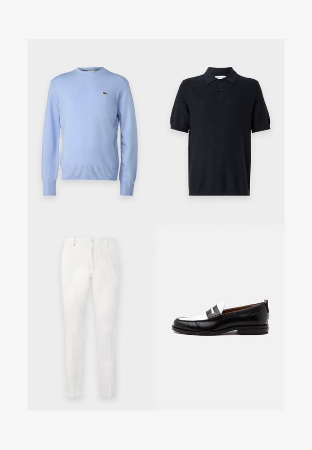 Suéter de punto azul claro con dobladillo y puños acanalados, que presenta un pequeño logo de cocodrilo verde en el pecho. Diseño clásico de cuello redondo.; Polo negro con un patrón texturizado de zigzag, mangas cortas y un cuello con dos botones. Fabricado con un tejido transpirable.; Pantalones blancos con un corte ajustado, presentan una parte delantera lisa, dos bolsillos laterales y un bolsillo trasero sencillo. Elaborados con una tela suave.; Mocasín de cuero blanco y negro con detalles cosidos, tacón bajo y diseño tipo slip-on, mostrado de lado sobre un fondo liso.