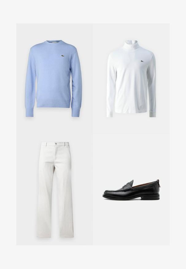 Lichtblauwe gebreide sweater met een ribgebreide zoom en manchetten, met een klein groen krokodillenlogo op de borst. Klassiek ontwerp met ronde hals.; Witte lange mouw turtleneck shirt van zachte stof, met een klein groen geborduurd logo op de borst en aansluitende manchetten.; Lichtgrijze broeken met een rechte pijp, gemaakt van een soepele stof, met een voorste knoopsluiting en zijzakken.; Zwarte leren herensloffen met moc toe stiksel, pennyriem, gestructureerde kraag en lage gestapelde hak op witte achtergrond.