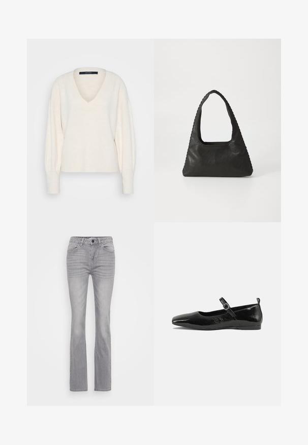 Vero Moda Tall VMJUPITER V NECK PULLOVER - Pullover - birch; Jeans en denim gris avec une coupe évasée, présentant un style classique à cinq poches et une fermeture à boutons. Tissu texturé avec un léger dégradé.; Chaussure plate en cuir verni noir avec un bout pointu, une sangle de cheville avec boucles, et une texture lisse et brillante. Talon bas pour le confort.; Sac à main en cuir noir de forme triangulaire, avec une grande poignée découpée et des coutures détaillées le long des bords. Texture lisse.