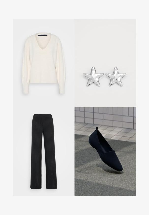 Vero Moda Tall VMJUPITER V NECK PULLOVER - Pullover - birch; Vero Moda Tall VMBERLIN MY WIDE - Pantalon classique - obsidian/oatmeal; Chaussure plate noire avec un bout pointu, texture lisse et design minimaliste. Dotée d'un petit talon et d'une languette à l'arrière.; Boucles d'oreilles argentées en forme d'étoile, avec une surface lisse et brillante. Chaque boucle d'oreille possède cinq pointes et des détails subtils de texture de surface.