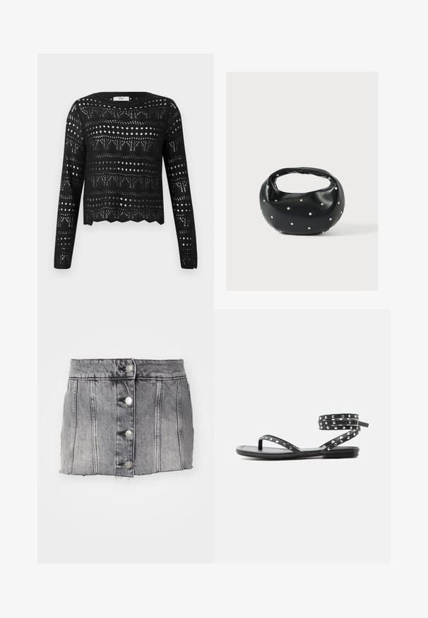 Jersey negro de crochet de manga larga con patrones geométricos y calados punteados y dobladillo ondulado, etiquetado JDY.; Falda de mezclilla gris con cintura alta, cinco botones plateados, costuras verticales y dobladillo sin terminar. Tiene una silueta ajustada y una textura suave.; Sandalia plana negra con tiras delgadas, tachuelas plateadas y cierre de hebilla en el tobillo sobre un fondo claro y sencillo.; Bolso de mano de cuero negro con forma redondeada, decorado con detalles de tachuelas plateadas y un asa corta. Textura lisa y cierre con cremallera.