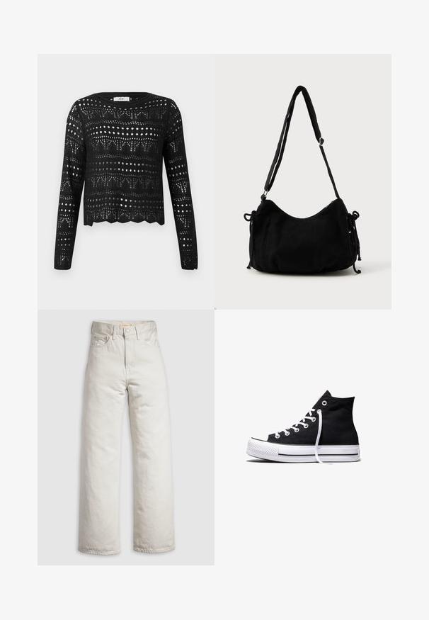 Sort langærmet hækletrøje med geometriske og prikmønstrede åbenarbejdsmønstre og bølget kant, mærket JDY.; Off-white, højttaljede jeans med lige ben, frontknap, lynlåslukning og fem-lomme-design på en ensartet hvid baggrund.; Sort high-top canvas sneaker med hvid gummisål og hvide snørebånd, vist fra siden mod en hvid baggrund.; Sort kordfløjls skuldertaske med en buet form, justerbar strop og snorelukninger på begge sider til størrelsejustering.