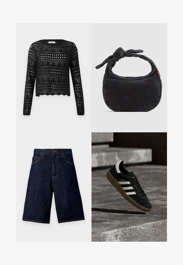 Jersey negro de crochet de manga larga con patrones geométricos y calados punteados y dobladillo ondulado, etiquetado JDY.; Pantalones cortos de mezclilla azul oscuro con corte recto, que cuentan con un diseño clásico de cinco bolsillos y costuras doradas en contraste.; Zapatilla negra de Adidas con rayas blancas y suela de goma flotando sobre escalones de concreto gris a la luz natural.; Bolso pequeño de hombro de mezclilla negra con correa anudada y cierre de cremallera, con una etiqueta de tela roja de Levi's en el lateral.
