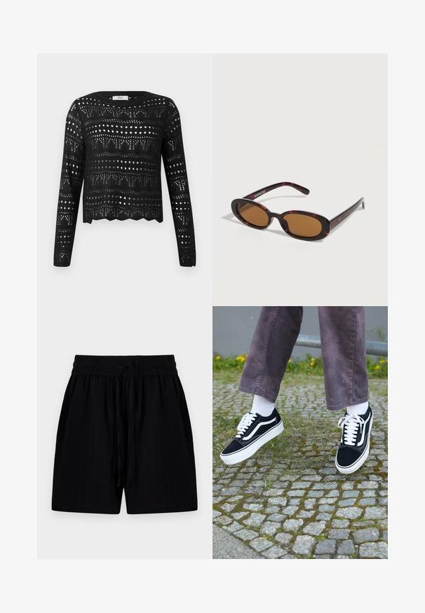 Jersey negro de crochet de manga larga con patrones geométricos y calados punteados y dobladillo ondulado, etiquetado JDY.; Bermudas negras hechas de tejido ligero con una cinturilla ajustable, que cuentan con bolsillos laterales y una superficie texturizada.; Zapatillas de ante negro con detalles en blanco, que presentan una punta redondeada, suela gruesa blanca y un diseño clásico de cordones, usadas con calcetines blancos y pantalones morados.; Gafas de sol ovaladas con montura carey, lentes tintadas en marrón y varillas delgadas apoyadas sobre una superficie blanca.