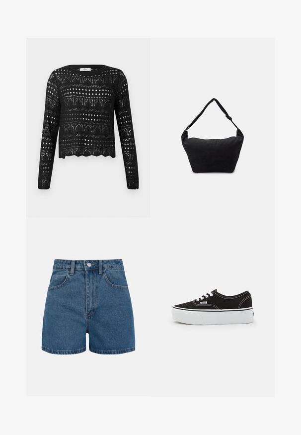 Jersey negro de crochet de manga larga con patrones geométricos y calados punteados y dobladillo ondulado, etiquetado JDY.; Shorts de mezclilla azul de talle alto con trabillas para cinturón, botón frontal, cremallera y dos bolsillos delanteros, mostrados sobre un fondo blanco.; Zapatilla de lona negra con suela de plataforma de goma blanca, que presenta cordones y costuras blancas, con branding icónico en el lateral, diseño de corte bajo.; Bolso de hombro de tela negro con una superficie suave y texturizada, forma redondeada y una sola correa. Diseño minimalista sin hardware ni acentos visibles.