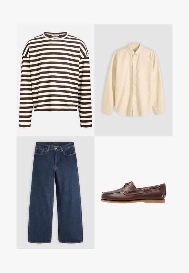Brun og creme stribet langærmet top med en rund halsudskæring, ribbet tekstur og sænkede skuldersømme, der har en cropped pasform.; Langærmet beige skjorte med knapper og krave, lagt fladt med knapperne lukket og manchetterne knappede på en lys baggrund.; Mørkeblå vidde jeans med forlommer, knaplukning og bæltestropper, lagt fladt på en lys baggrund.; Brun læder bådsko med hvide sømme, snøre detaljer og lysbrun gummisål, vist fra siden på hvid baggrund.