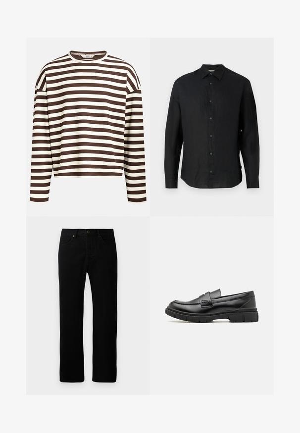 Brun og creme stribet langærmet top med en rund halsudskæring, ribbet tekstur og sænkede skuldersømme, der har en cropped pasform.; Sort, langærmet skjorte lavet af letvægtslin. Har en spids krave, knaplukning foran og en lige søm. Blød tekstur.; Sorte denimjeans med lige ben-design, fem-lomme stil, frontknaplukning og diskrete syninger.; Sort læder loafersko med en bred rem over forfoden, gummisål med tykke mønstre og glat overflade. Klassisk, slankt design.