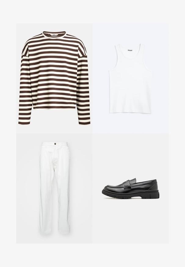 Haut à manches longues rayé marron et crème avec un col rond, texture côtelée et coutures d'épaule abaissées, présentant une coupe cropped.; Débardeur blanc sans manches avec col rond et étiquette de la marque Weekday à l'intérieur du col arrière, présenté à plat sur un fond clair.; Pantalons en coton blanc avec une coupe décontractée, dotés d'une fermeture à bouton, de deux plis à l'avant et de poches latérales. Texture lisse, sans motifs.; Mocassin en cuir noir avec une large sangle sur le devant, semelle en caoutchouc à épaisse rainure, et texture lisse. Design classique et élégant.