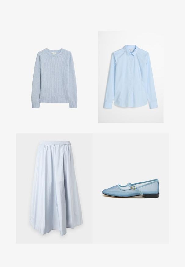 Pull en tricot côtelé bleu clair avec un col rond, des épaules tombantes, et un ourlet et des poignets côtelés. Texture douce et coupe décontractée.; Chemise bleu clair à manches longues, col classique, avec un logo discret brodé sur la poitrine. Tissu lisse et net.; Jupe longue fluide bleu clair avec taille élastique et plis doux, présentée sur un fond blanc uni.; Chaussure plate Mary Jane bleu clair avec une tige en mailles, bout arrondi, sangle réglable avec boucle en or et un petit talon noir.